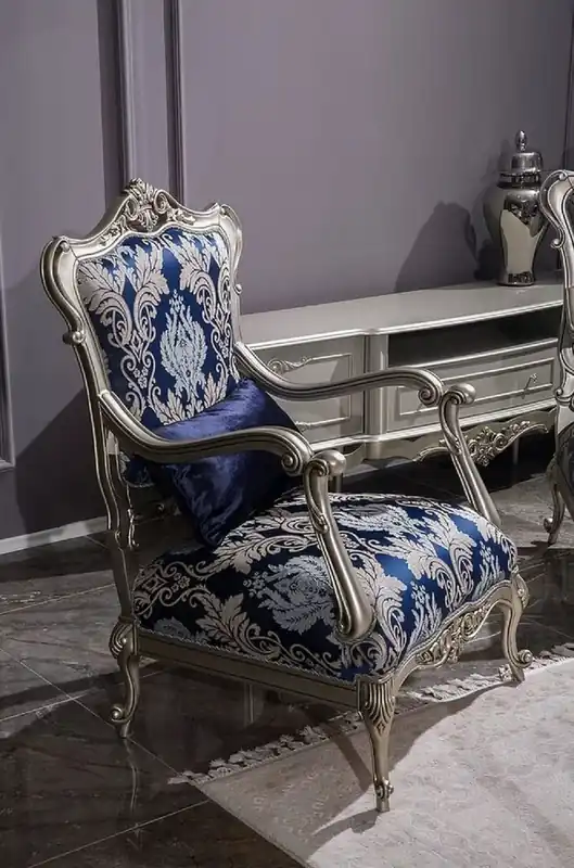 Casa Padrino poltrona barocco di lusso blu / argento 75 x 70 x A. 117 cm - Poltrona soggiorno con motivo elegante e cuscino decorativo - Mobili Barocchi Preisreduziert