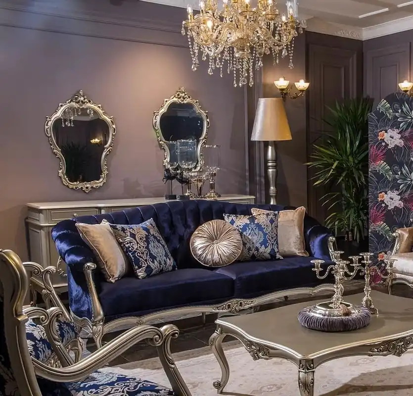 Casa Padrino divano da soggiorno barocco di lusso con cuscini decorativi blu / argento 212 x 80 x A. 98 cm - Magnifici mobili barocchi Sale
