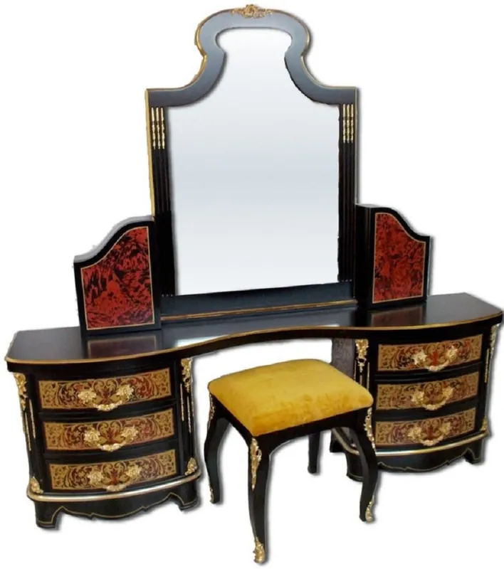 Geprüft Casa Padrino set di camera da letto boulle barocco di lusso nero / rosso / oro - 1 Toletta con Specchio e 1 Sgabello - Magnifico mobili da camera da letto barocco - Qualità di Lusso - Fatto in Italia