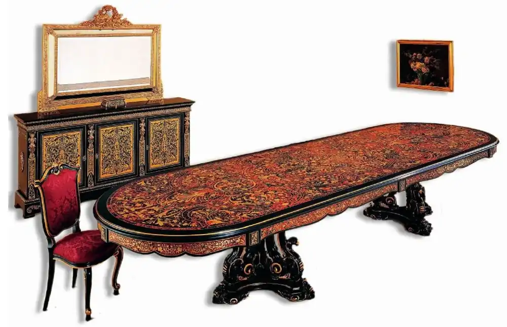 Schnäppchen Casa Padrino tavolo da pranzo barocco di lusso boulle nero / rosso / oro 400 x 130 x A. 80 cm - Tavolo da pranzo in legno massello fatto a mano - Mobili per sala da pranzo barocco - Nobile e Magnifico
