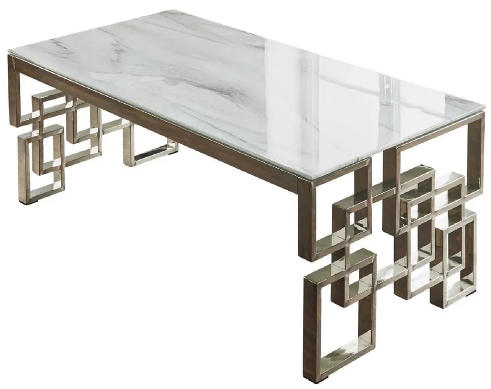 Casa Padrino tavolo da salotto di lusso argento / bianco 120 x 60 x A. 45 cm - Tavolo da soggiorno rettangolare con gambe in acciaio inossidabile e piano in marmo marmo - Mobili da soggiorno di lusso Neu Im Sortiment