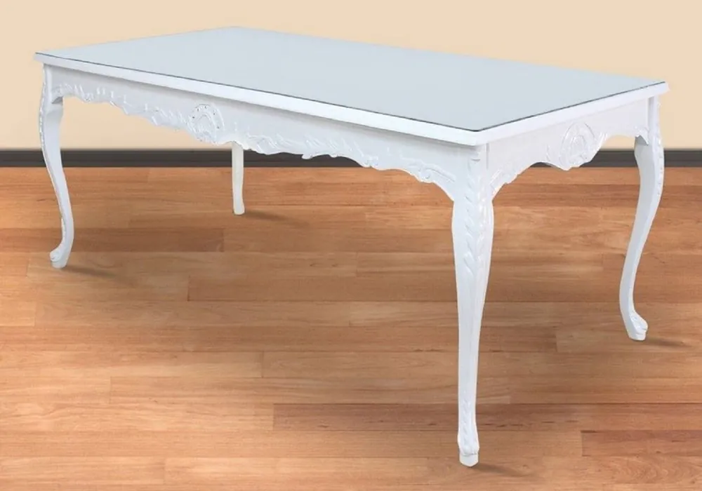 Nur Heute Casa Padrino tavolo da pranzo barocco bianco 200 x 100 x A. 90 cm - Tavolo da cucina in legno massello con piano in vetro - Mobili sala da pranzo barocco