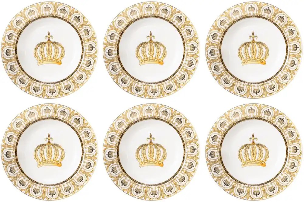 Harald Glööckler Pompöös Set di Piatti Fondi con Corona Bianco / Oro Ø 22,3 x A. 3,7 cm - disegnata da Harald Glööckler Saisonangebot