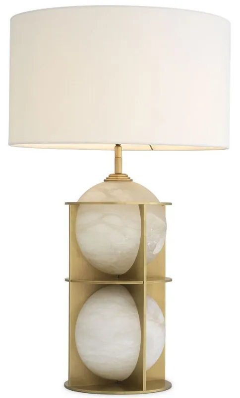Casa Padrino lampada da tavolo di lusso ottone antico / alabastro / bianco Ø 45 x A. 75 cm - Moderna lampada da scrivania in metallo con sfere in alabastro e paralume rotondo - Qualità di Lusso Sichere Zahlung