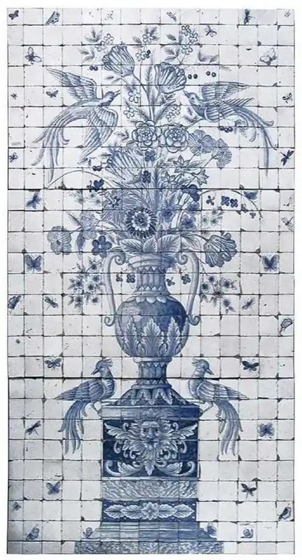 Casa Padrino imbiancatura decorazione barocco di lusso vaso con fiori e uccelli bianco / grigio / blu 155 x A. 280 cm - Tessere di mosaico in pietra naturale fatte a mano e dipinte a mano Zertifiziert