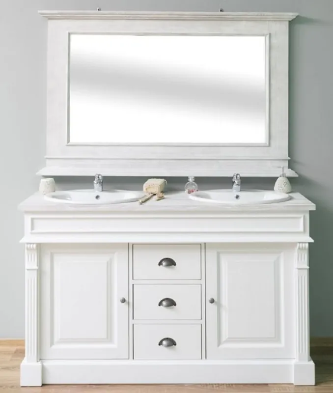 Sonderaktion Casa Padrino set da bagno stile country bianco / grigio chiaro - 1 Mobile Lavello Doppio e 1 Specchio a Muro - Mobili da Bagno in Legno Massello Stile Country