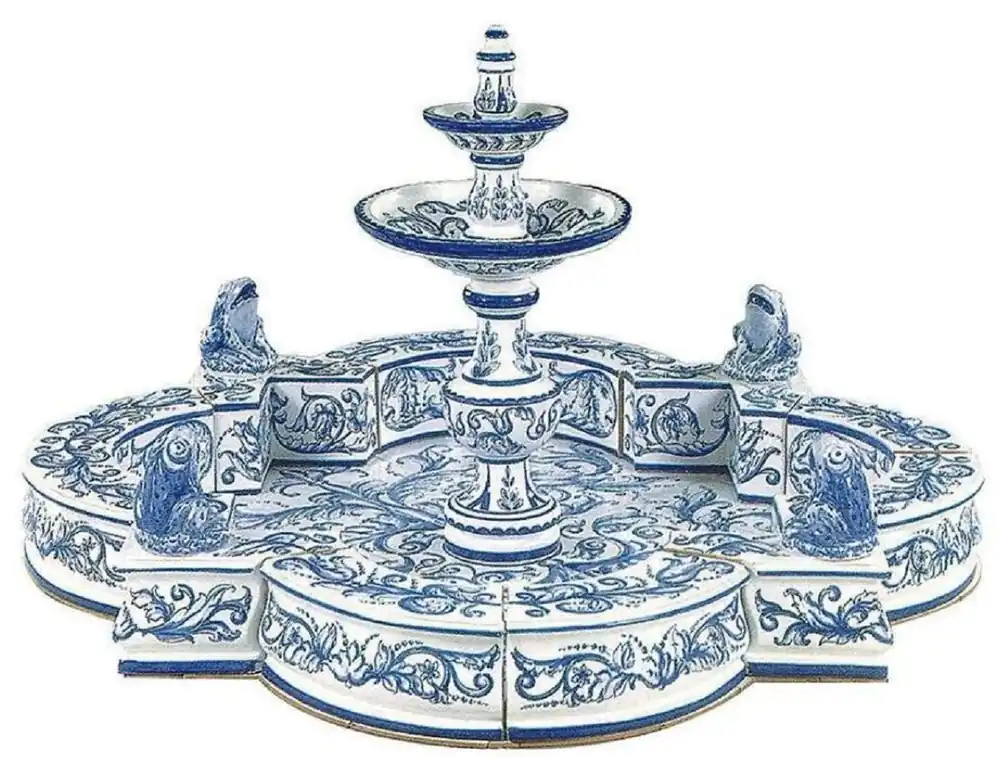 Ausverkauf Casa Padrino fontana Art Nouveau di lusso bianco / blu 131 x 131 x A. 72 cm - Fontana da giardino in ceramica fatta a mano e dipinta a mano - Accessori decorazione del giardino Barocco e Art Nouveau