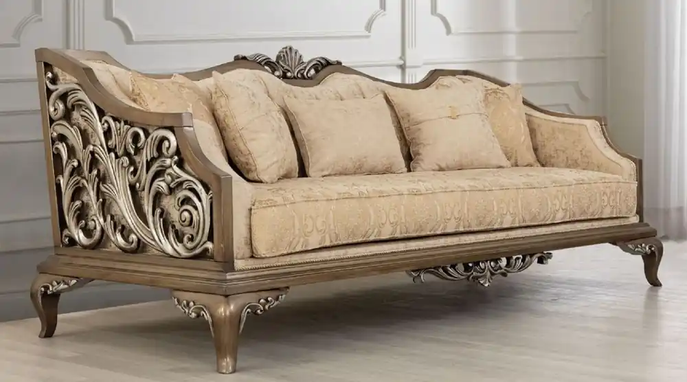 Casa Padrino divano barocco di lusso beige / oro / marrone / argento - Divano da soggiorno in stile barocco - Mobili da soggiorno barocco - Nobile e Magnifico Zertifiziert