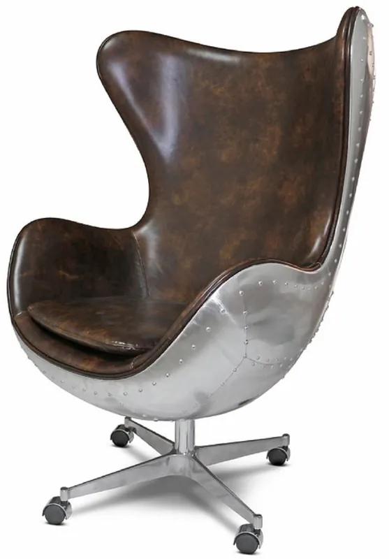 Must-Have Casa Padrino poltrona girevole in vera pelle marrone scuro / argento 85 x 78 x A. 112 cm - Poltrona in pelle a forma di uovo - Poltrona club - Poltrona lounge - Mobili aviatore aereo in alluminio