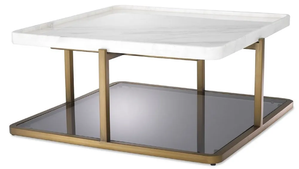 Casa Padrino tavolo da salotto di lusso ottone / bianco / grigio 58 x 58 x A. 27,5 cm - Tavolo da soggiorno moderno in acciaio inox con piano in marmo e vetro colorato - Mobili di Lusso Zertifiziert