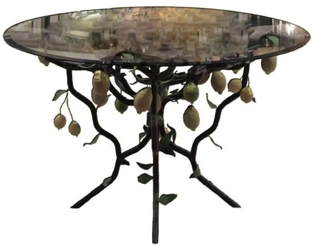 Casa Padrino tavolo da pranzo di lusso nero / giallo / verde Ø 120 x A. 75 cm - Tavolo forgiato a mano con piano in vetro e struttura a cespuglio di limone - Mobili da Giardino Terrazza Soggiorno Meistverkauft