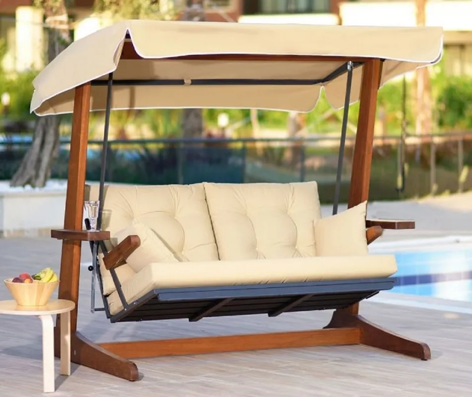 Garantierte Lieferung Casa Padrino altalena Hollywood di lusso crema / marrone - Altalena da giardino moderna resistente alle intemperie con tettoia parasole - Mobili per Hotel - Collezione di Lusso