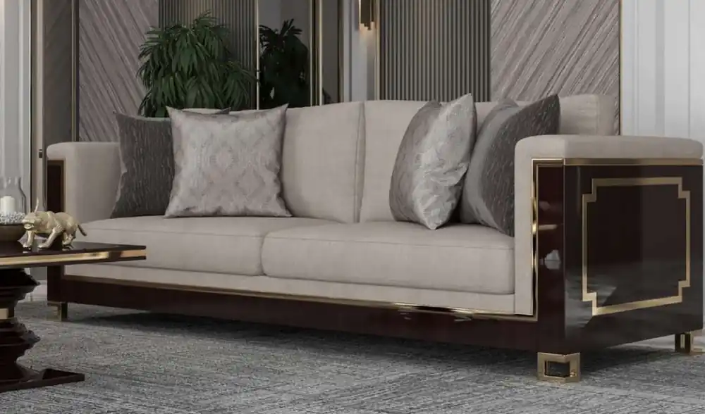 Casa Padrino divano in velluto Art Déco di lusso grigio chiaro / marrone scuro lucido / oro - Divano da soggiorno in legno massello fatto a mano con tessuto in velluto - Qualità di Lusso - Mobili Art Déco Direktkauf