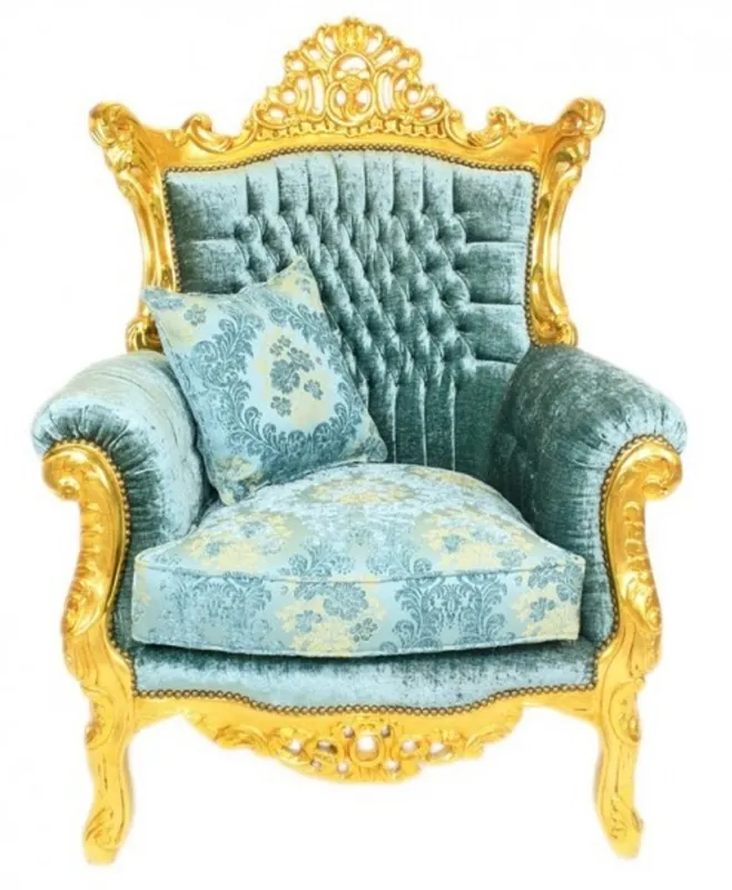 Casa Padrino poltrona barocco turchese / oro - Poltrona da soggiorno in legno massello fatta a mano con tessuto in velluto - Poltrona in stile antico - Mobili Barocchi Rabatt