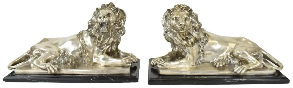Preiswert Casa Padrino set di figure in bronzo di lusso leone argento / nero 60 x 27 x A. 33 cm - Figure decorative placcate in argento con base in marmo - Accessori Decorativi