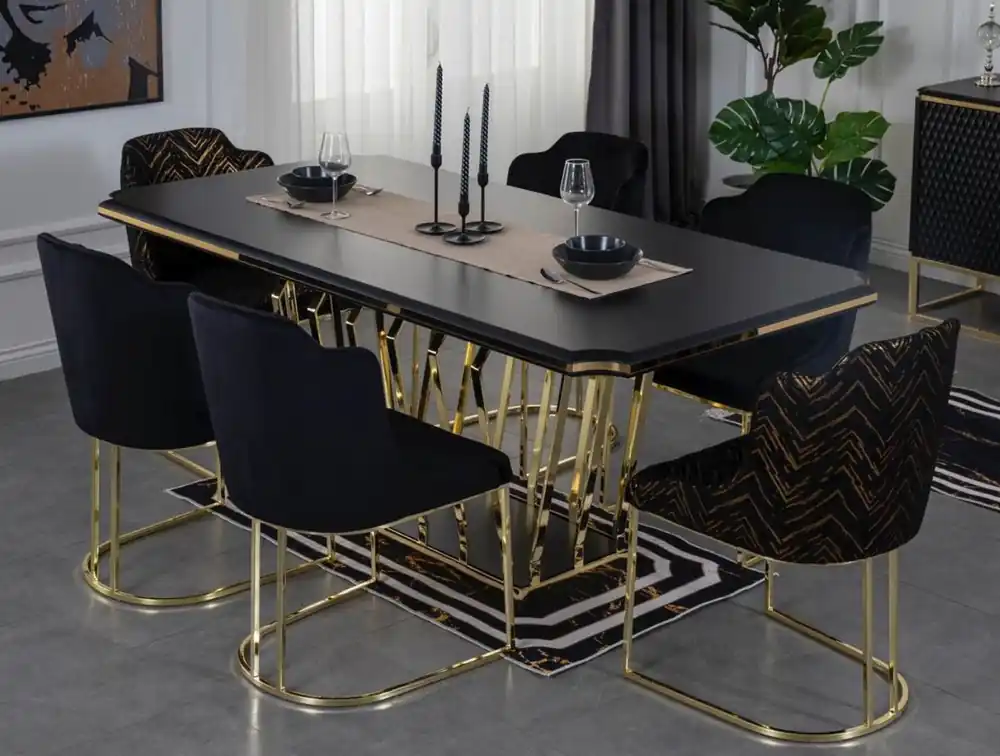 Nur Heute Casa Padrino set di mobili per sala da pranzo di lusso nero / oro - 1 Tavolo da Pranzo e 6 Sedie da Pranzo - Mobili per Sala da Pranzo di Lusso