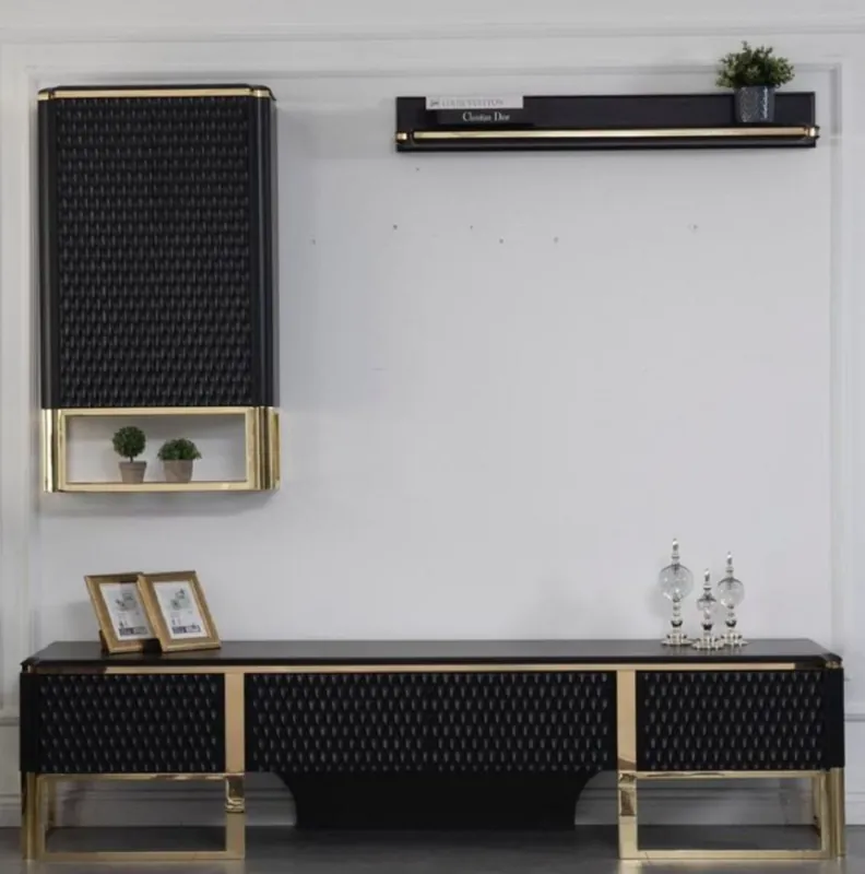 Casa Padrino set di armadio TV di lusso nero / oro 220 x 50 x A. 53 cm - 1 Armadio TV e 1 Armadio a Muro e 1 Mensola a Muro - Mobili del soggiorno di lusso Sofort Bestellen