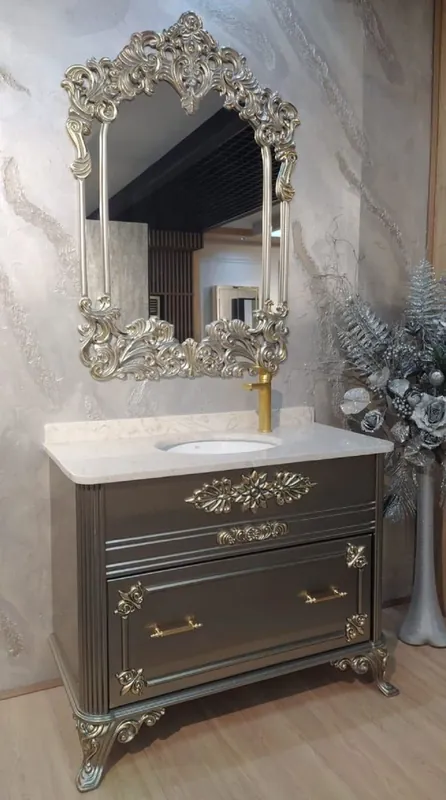 Nur Heute Casa Padrino set da bagno barocco argento / bianco - 1 Armadio del Lavandino con Piano in Marmo e Lavabo in Ceramica e 1 Specchio da Parete - Magnifico mobile da bagno barocco