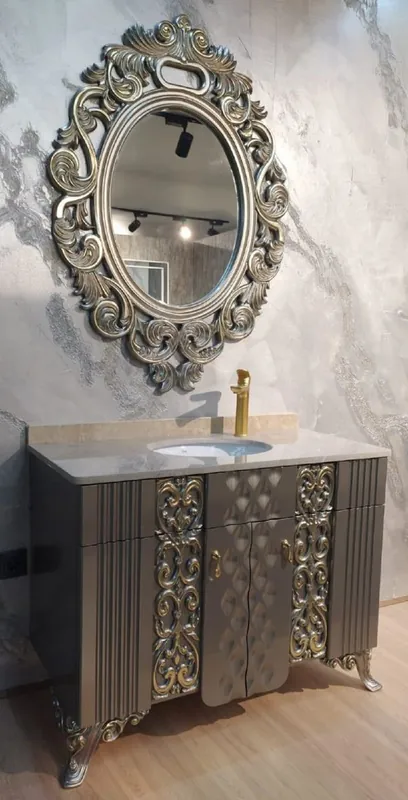 Super-Preis Casa Padrino set da bagno barocco argento / oro / crema - 1 Armadio del Lavandino con Piano in Marmo e Lavabo in Ceramica e 1 Specchio da Parete - Magnifico mobile da bagno barocco