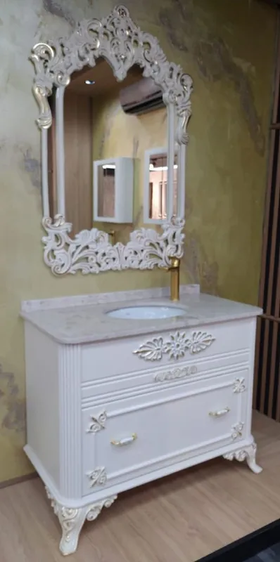 Casa Padrino set da bagno barocco bianco / oro - 1 Armadio del Lavandino con Piano in Marmo e Lavabo in Ceramica e 1 Specchio da Parete - Magnifici mobili da bagno in stile barocco Sale