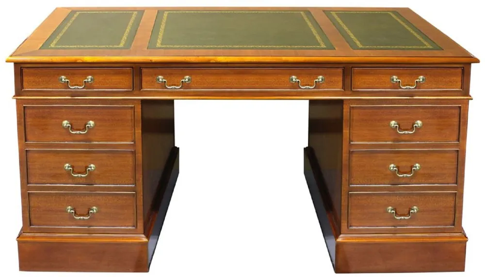 Casa Padrino scrivania di lusso marrone chiaro / verde / oro 140 x 70 x A. 78 cm - Tavolo da ufficio in legno massello in stile inglese - Mobili da ufficio di lusso Garantierte Lieferung