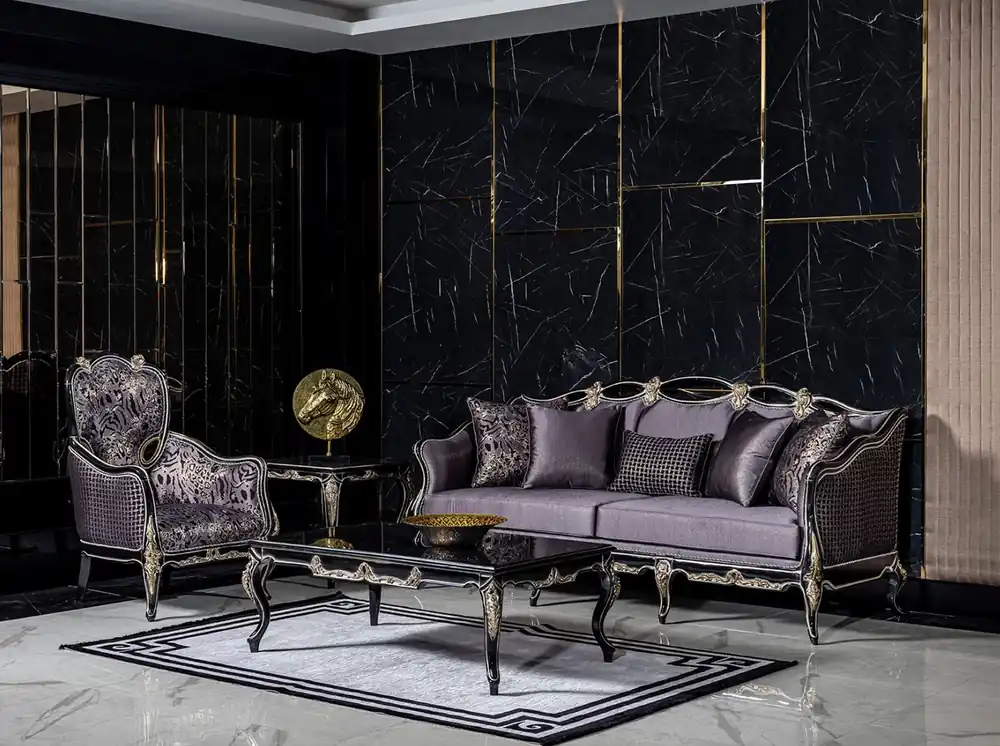 Preisknaller Casa Padrino set da soggiorno barocco di lusso viola / nero / oro - 2 Divani e 2 Poltrone e 1 Tavolo da Salotto - Magnifico mobili da soggiorno in stile barocco