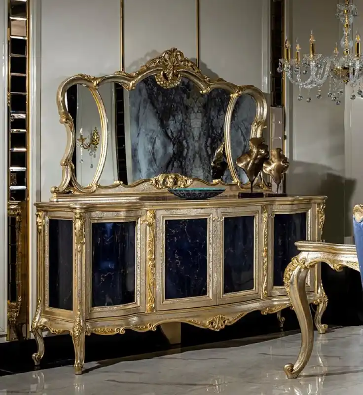 Casa Padrino set di mobili barocchi di lusso argento / oro / blu - 1 Credenza con 4 Ante e 1 Specchio - Mobili barocchi fatti a mano - Nobili e Magnifico Top-Angebot