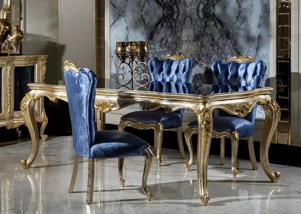 Casa Padrino set da pranzo barocco di lusso blu / argento / oro - 1 Tavolo da Pranzo e 6 Sedie da Pranzo - Mobili da sala da pranzo barocchi - Nobile e Magnifico Online Kaufen