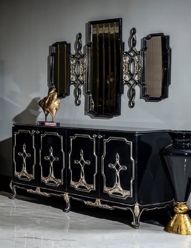 Online Kaufen Casa Padrino set di mobili barocchi di lusso nero / oro - 1 Credenza con 4 Ante e 1 Specchio - Mobili barocchi fatti a mano - Nobili e Magnifico
