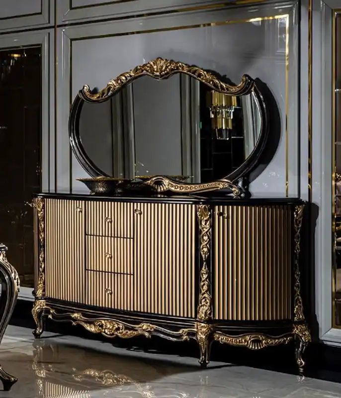 Casa Padrino set di mobili barocchi di lusso nero / oro - 1 Credenza con 4 Ante e 3 Cassetti e 1 Specchio - Mobili barocchi fatti a mano - Nobili e Magnifico Neue Ware