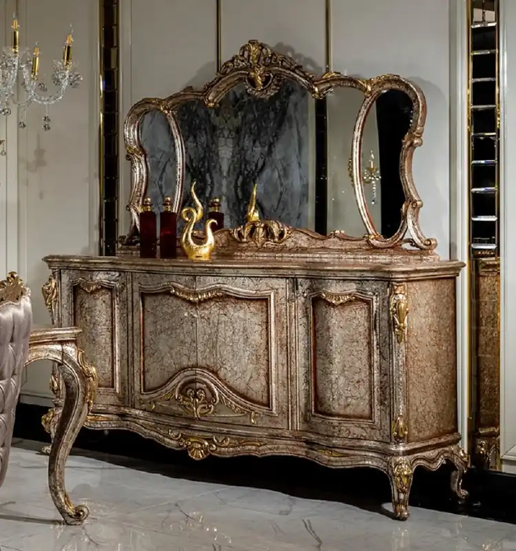 Casa Padrino set di mobili barocchi di lusso argento antico / marrone / oro - 1 Credenza con 4 Ante e 1 Specchio - Mobili fatti a mano in stile barocco Begrenztes Angebot