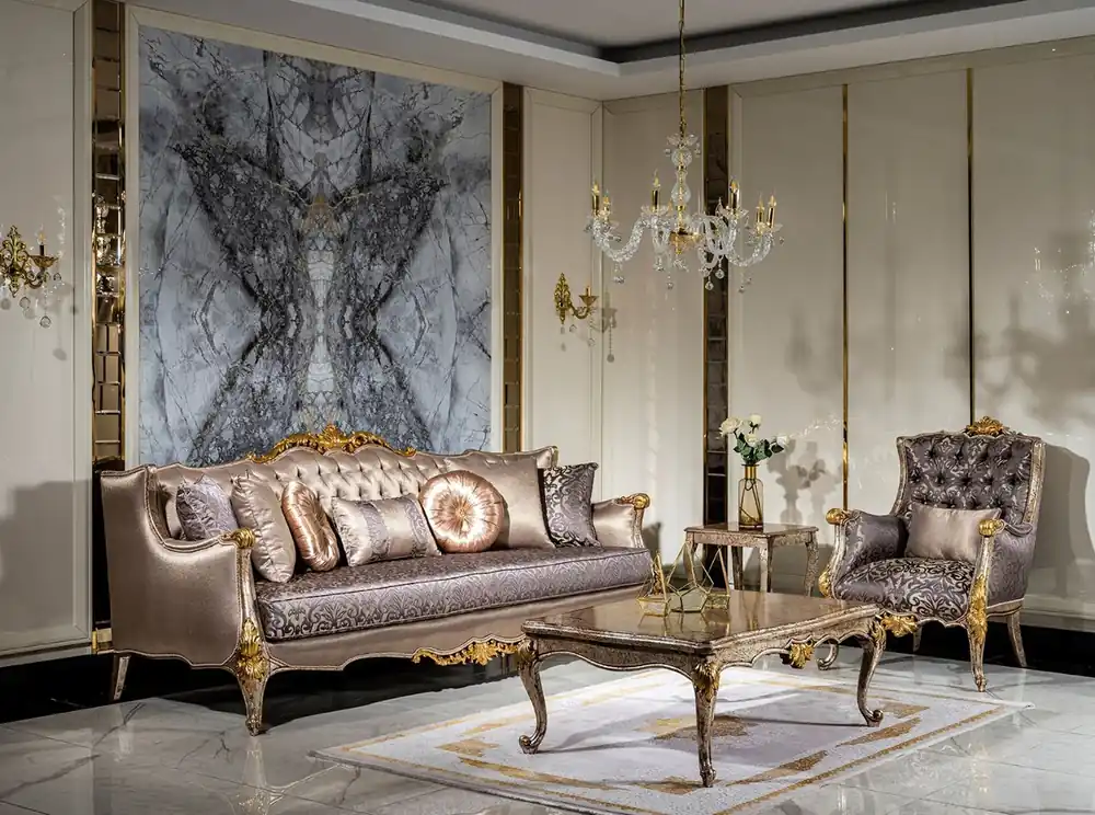 Solange Der Vorrat Reicht Casa Padrino set da soggiorno barocco di lusso argento / viola / argento antico / marrone / oro - 2 Divani e 2 Poltrone e 1 Tavolo da Salotto - Mobili da salotto magnifico in stile barocco
