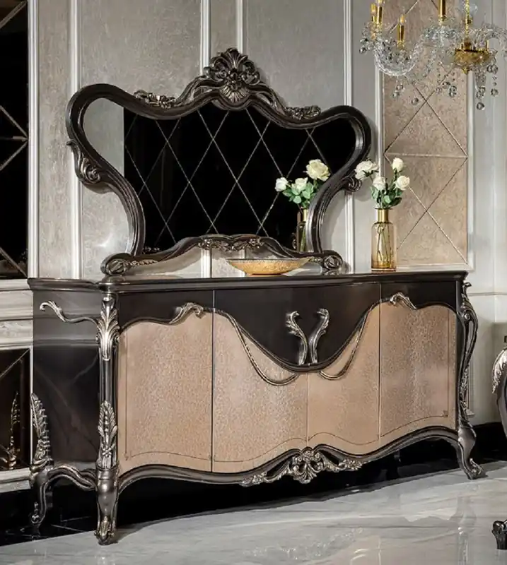 Abverkauf Casa Padrino set di mobili barocchi di lusso grigio scuro / beige / oro - 1 Credenza con 4 Ante e 1 Specchio - Mobili barocchi fatti a mano - Nobili e Magnifico