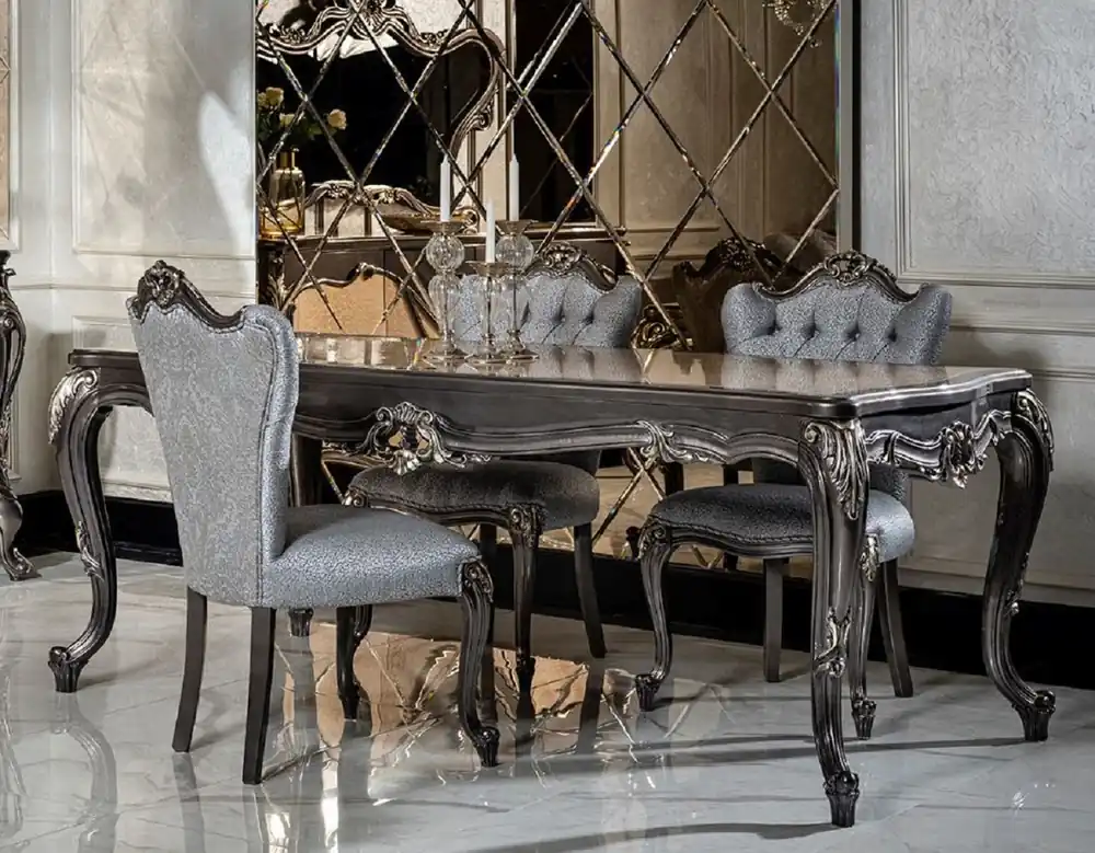 Knallerangebot Casa Padrino set da pranzo barocco di lusso azzurro / grigio scuro - 1 Tavolo da Pranzo e 6 Sedie da Pranzo - Mobili per sala da pranzo in stile barocco nobili
