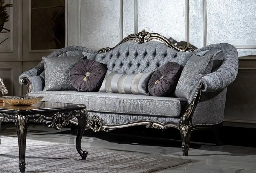 Casa Padrino divano barocco di lusso azzurro / grigio / grigio scuro / oro - Divano da salotto magnifico con cuscini decorativi - Mobili da soggiorno in stile barocco Sichere Zahlung