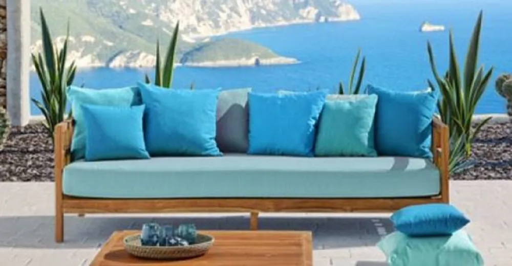 Wochenendangebot Casa Padrino divano da giardino di lusso in legno massello marrone / azzurro 220 x 94 x A. 65 cm - Divano in teak resistente alle intemperie con cuscini - Mobili da Giardino e Patio