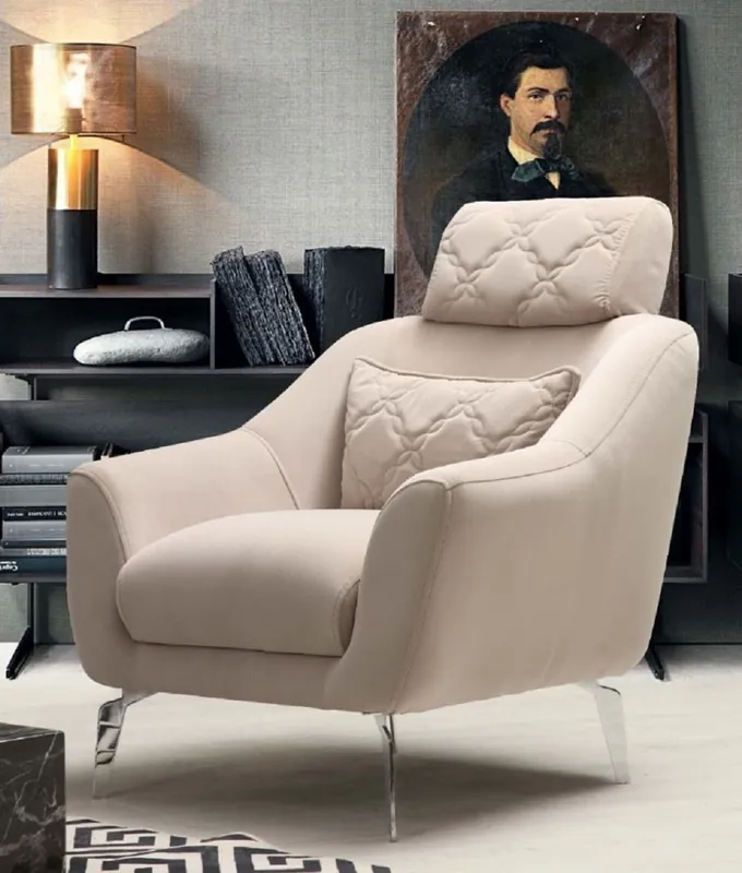 Casa Padrino poltrona da soggiorno di lusso con poggiatesta regolabile e cuscino decorativo beige / argento 83 x 85 x A. 92 cm - Mobili per soggiorno di lusso Preiswert