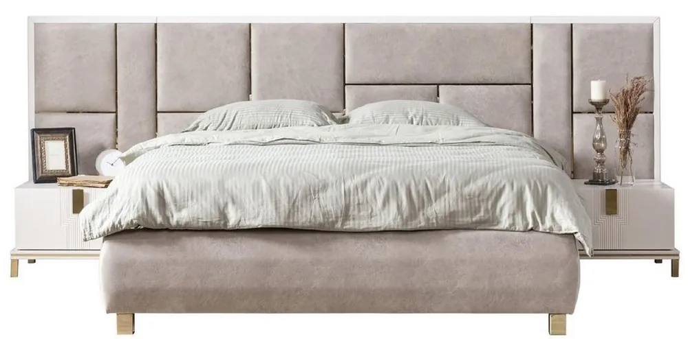 Casa Padrino set per camera da letto in legno massello di lusso grigio / bianco / oro - 1 Letto Matrimoniale con Testiera e 2 Comodini - Mobili per camera da letto di lusso Meistverkauft