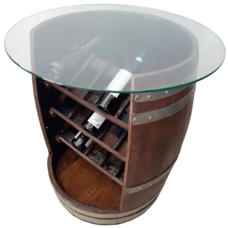 Online Kaufen Casa Padrino tavolo bar botte di lusso marrone / argento Ø 78 x A. 80 cm - Tavolo botte di vino in legno massello con piano in vetro e mensola del vino - Mobili bar gastronomia terrazze giardino