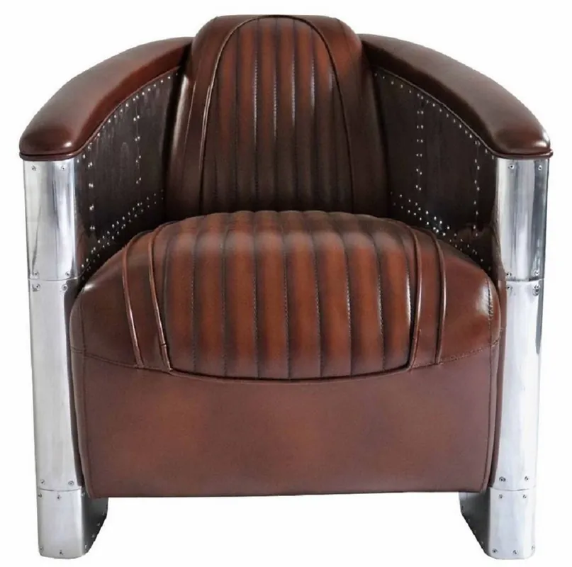 Casa Padrino poltrona in vera pelle Art Déco di lusso marrone scuro / argento 90 x 72 x A. 68 cm - Poltrona in alluminio con pelle di alta qualità - Poltrona mobile da aviatore in alluminio Finale Aktion