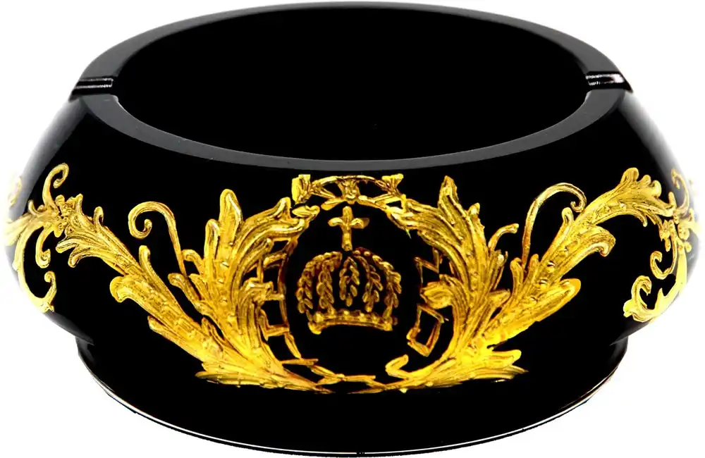 Pompöös di Casa Padrino posacenere di lusso con placcatura oro 24 carati nero / oro Ø 15,5 x A. 6,5 cm - Posacenere in vetro Pompööser disegnato da Harald Glööckler Versand Am Gleichen Tag