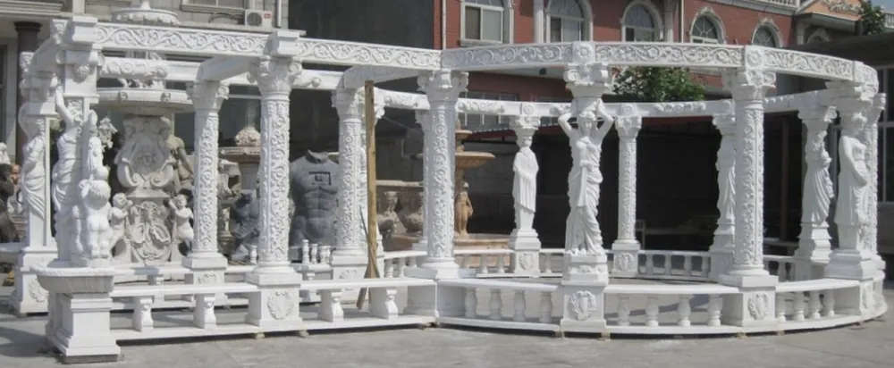 Wochenendangebot Casa Padrino padiglione da giardino Art Nouveau di lusso bianco 950 x 600 x A. 300 cm - Enorme padiglione in marmo con statue nobili e panchine integrate - Decorazione da giardino Barocco e Art Nouveau