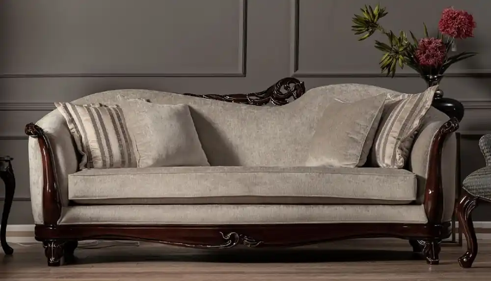 Casa Padrino sofá barroco de lujo beige / marrón oscuro / oro - Sofá de salón hecho a mano en estilo barroco - Muebles de salón barrocos Top-Preis