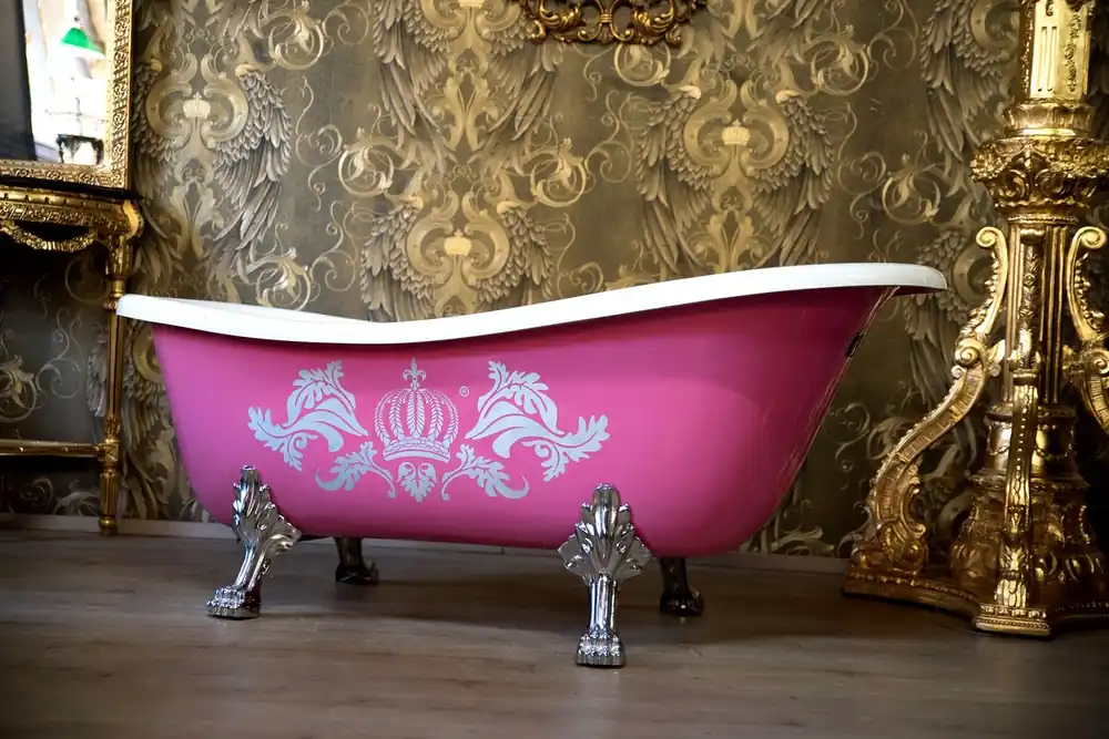 Online Kaufen Pompöös by Casa Padrino bañera de lujo independiente de Harald Glööckler rosa / plata / blanco 1695mm con patas de león plateadas -PIEZA DE EXPOSICIÓN-