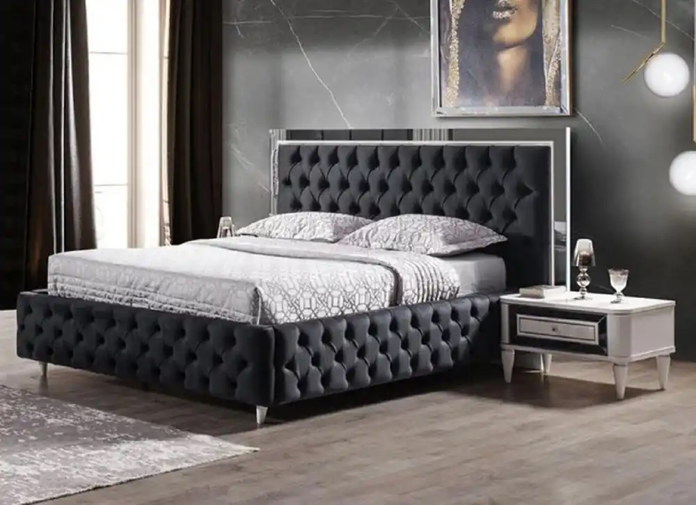 Sale Casa Padrino conjunto de dormitorio de madera maciza de lujo gris oscuro / blanco - 1 Cama Doble con Cabecera y 2 Mesitas de Noche - Muebles de dormitorio - Colección de Lujo