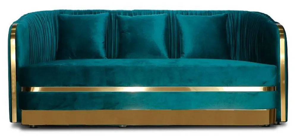 Neu Casa Padrino sofá Art Deco de terciopelo verde azul / oro 180 x 78 x A. 80 cm - Sofá de Salón - Muebles de Salón Art Deco