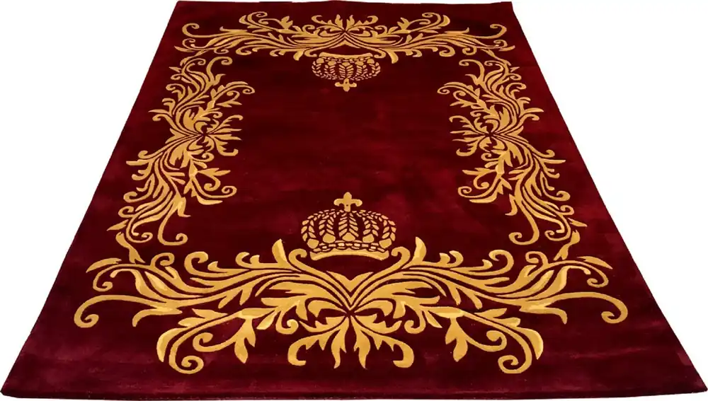 Saisonangebot Pompöös de Casa Padrino alfombra de lujo de Harald Glööckler 80 x 150 cm corona rojo burdeos / oro - alfombra de diseño barroco - tejido a mano de lana