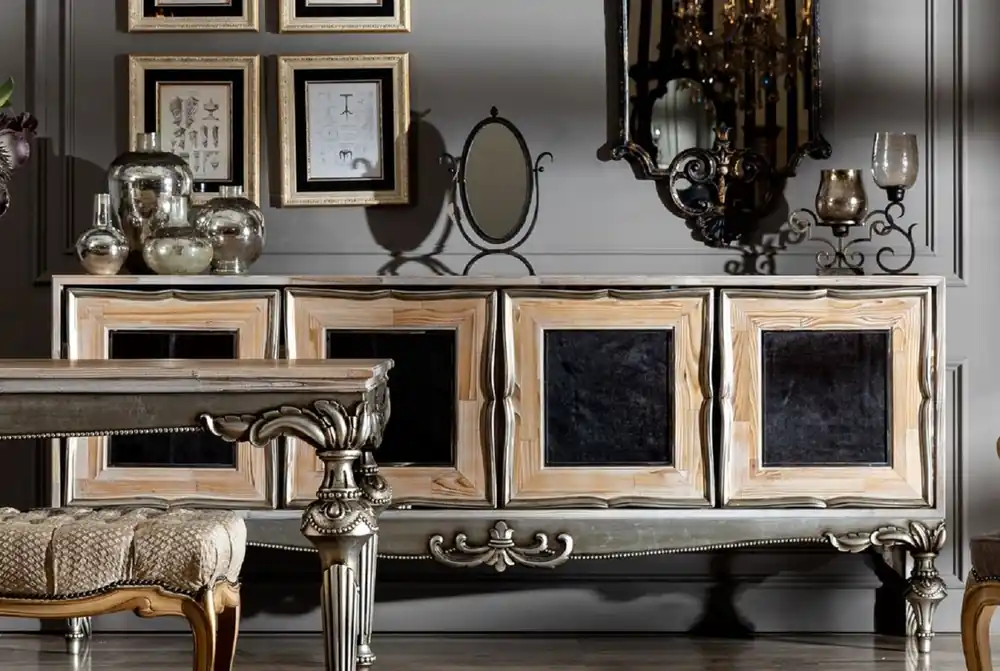 Top-Preis Casa Padrino aparador barroco de lujo con 4 puertas natural / negro / plata - Noble gabinete de madera maciza en estilo barroco - Muebles Barrocos