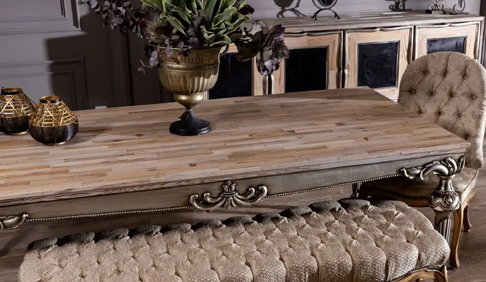 Preisknaller Casa Padrino mesa de comedor barroco de lujo natural / plata - Magnífica mesa de comedor de madera maciza en estilo barroco - Muebles de comedor barrocos
