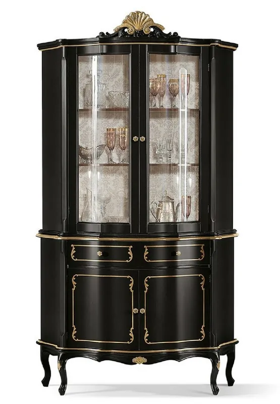 Casa Padrino vitrina barroco de lujo negro / oro - Magnífica vitrina barroco con 4 puertas y cajón - Muebles Barrocos - Calidad de Lujo - Hecho en Italia Markenware